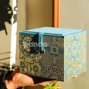 Royal Blue Jewelry Box with Ornamental Gold Foil Embellishment