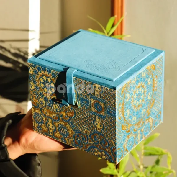 Royal Blue Jewelry Box with Ornamental Gold Foil Embellishment