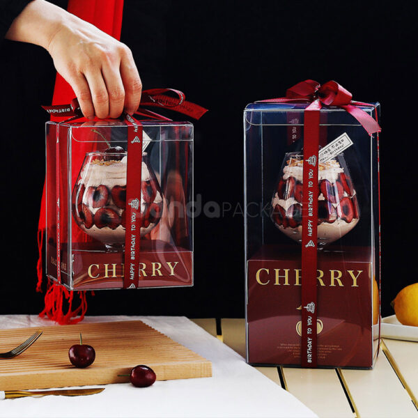 Cherry Red Transparent Cake Box with Elegant Ribbon