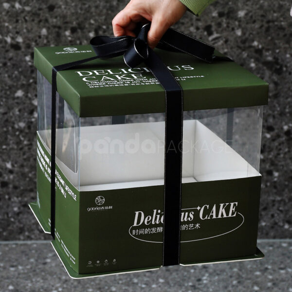 Deluxe Green Cake Box with Clear Window and Ribbon Handle