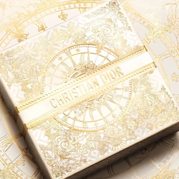 Luxury Gold Embossed Gift Box with Satin Ribbon and Dior-Inspired Detailing