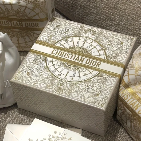Luxury Gold Embossed Gift Box with Satin Ribbon and Dior-Inspired Detailing