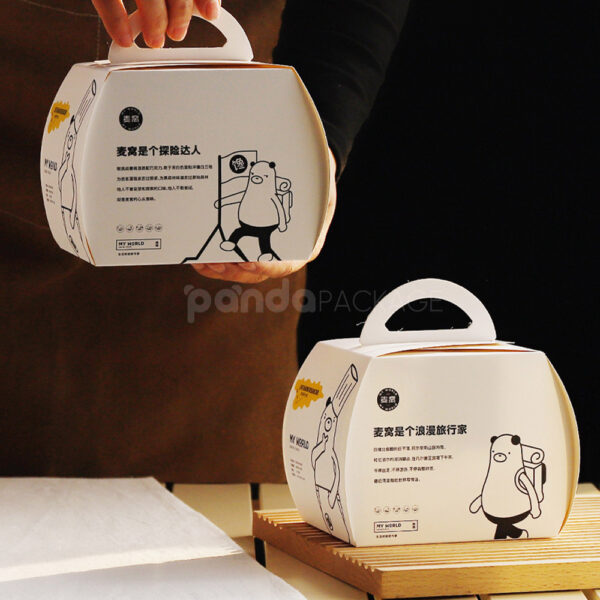 Illustrated White Cake Box with Handle – Minimalist Bakery Packaging