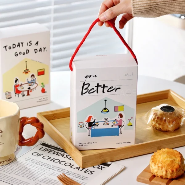 Illustrated White Mooncake Gift Box with Red Handle