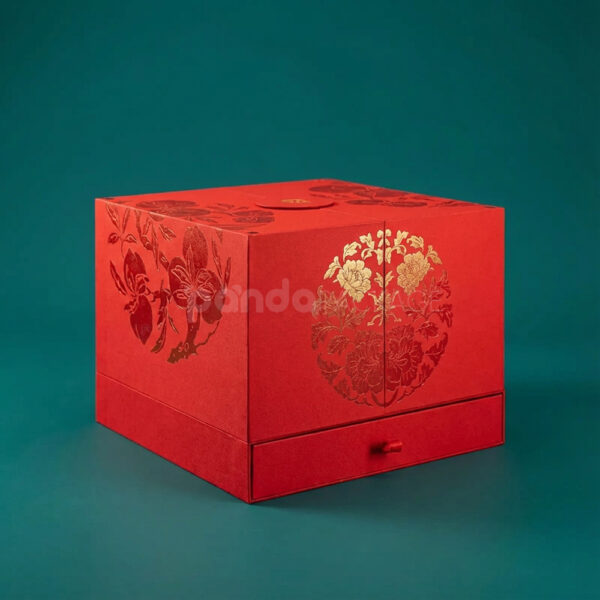 Luxurious Red Fold-Out Gift Box with Gold Accents and Cultural Motifs