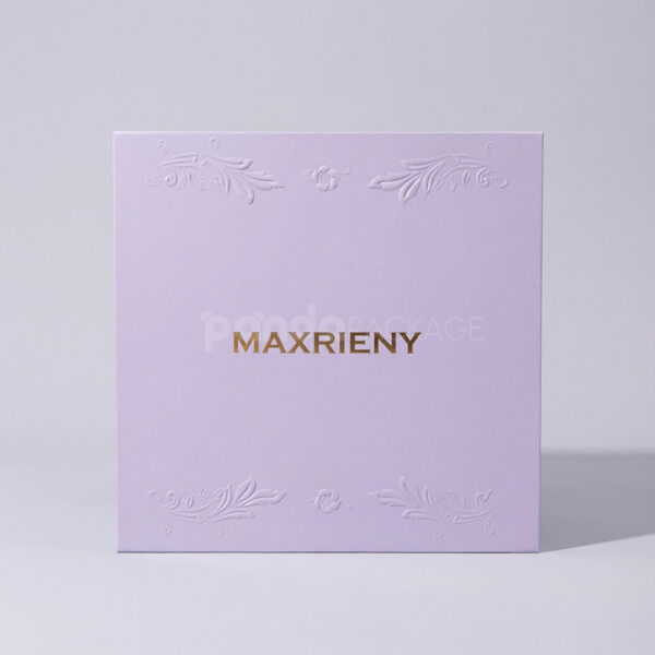 Lavender Drawer Gift Box with Gold Foil Logo and Embossed Floral Detail