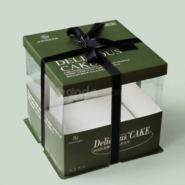 Deluxe Green Cake Box with Clear Window and Ribbon Handle