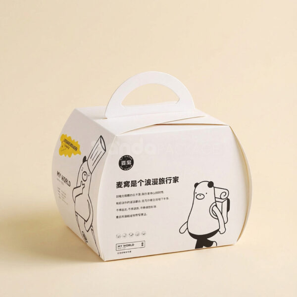 Illustrated White Cake Box with Handle – Minimalist Bakery Packaging