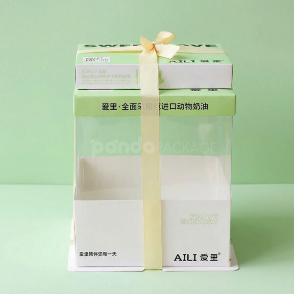 Sweet Love Green Cake Box with Transparent Walls and Ribbon