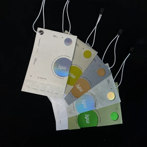 Holographic Circle Hang Tags with Modern Contrast Design