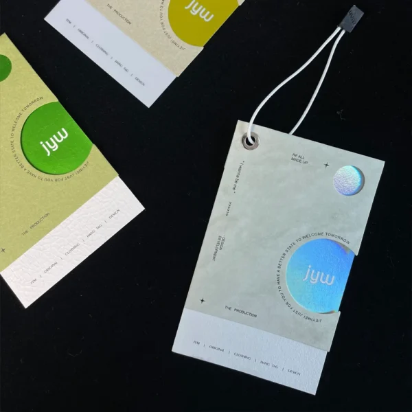 Holographic Circle Hang Tags with Modern Contrast Design