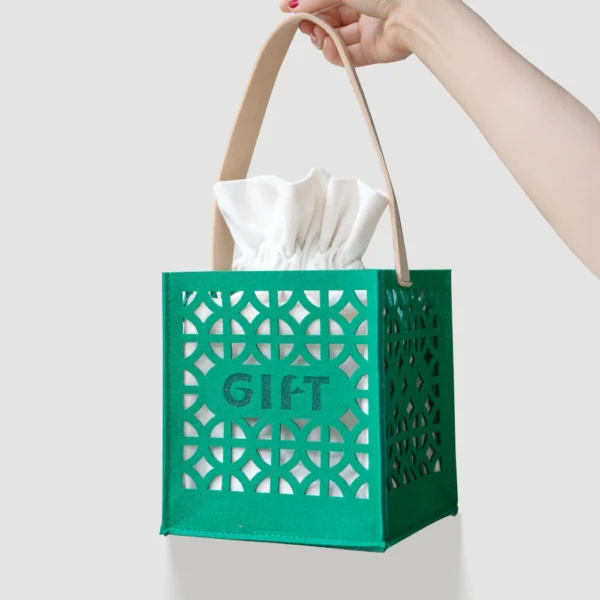 Green Hollow-Out Gift Bag with Bamboo Handle and Insert Base