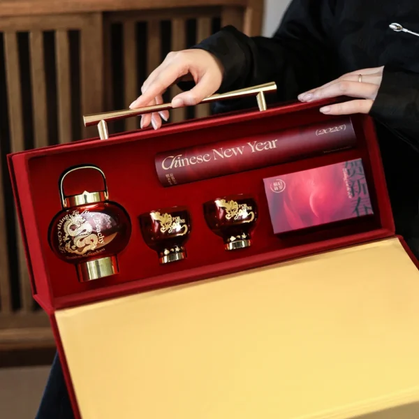Red Rigid Gift Box with Handle and Interior Compartments