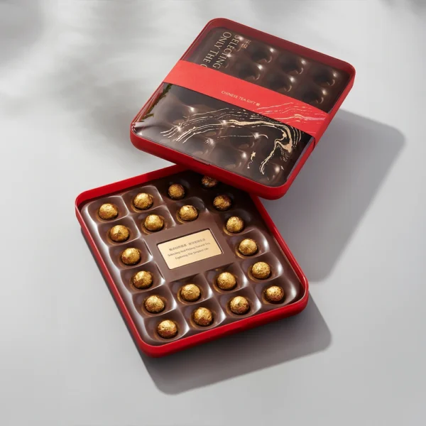 Elegant Square Metal Chocolate Tin with Embossed Lid and Tray Insert