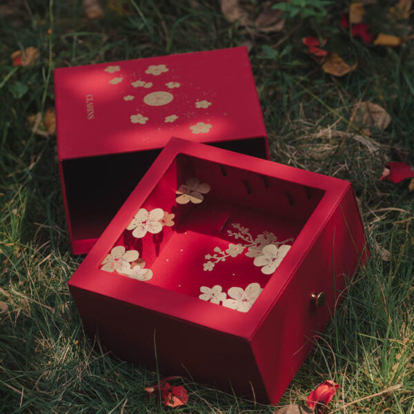 Red Velvet Jewelry Box with Mirror and Gold Floral Detail
