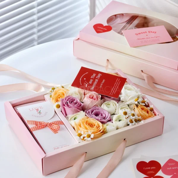 Pink Floral Mooncake Gift Box with Ribbon Handle