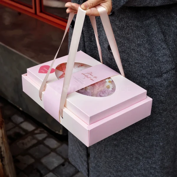 Pink Floral Mooncake Gift Box with Ribbon Handle