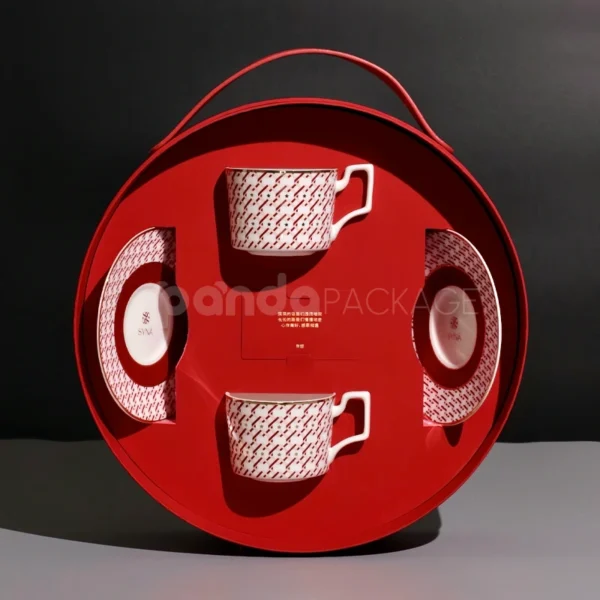 Red Round Gift Box with Handle – Tea & Ceramic Set Packaging