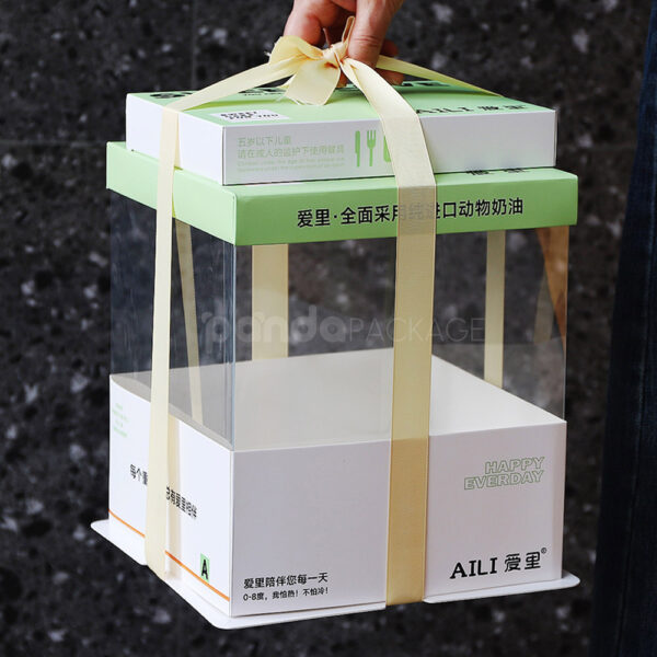 Sweet Love Green Cake Box with Transparent Walls and Ribbon