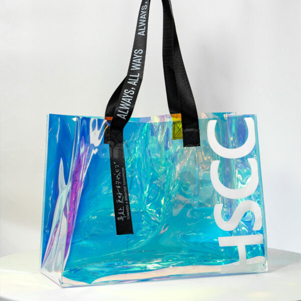 Iridescent Tote Bag with Glossy Finish and Black Branded Handles