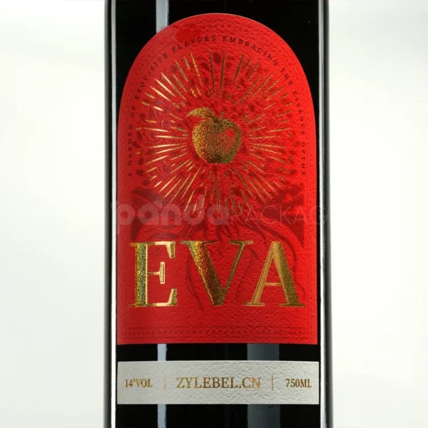 Bold Red Wine Label Sticker with Gold Embossed Apple Motif