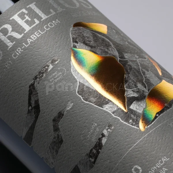 Futuristic Textured Wine Label Sticker with Holographic Metallic Shard Design