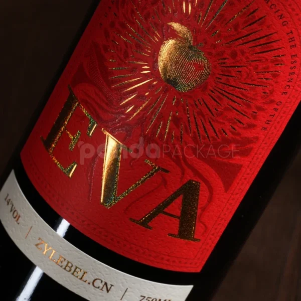Bold Red Wine Label Sticker with Gold Embossed Apple Motif