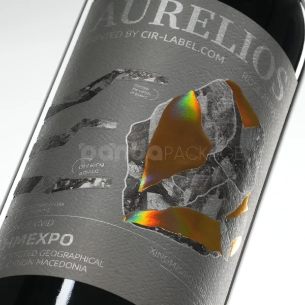 Futuristic Textured Wine Label Sticker with Holographic Metallic Shard Design