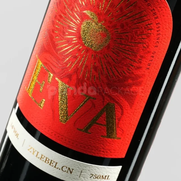 Bold Red Wine Label Sticker with Gold Embossed Apple Motif