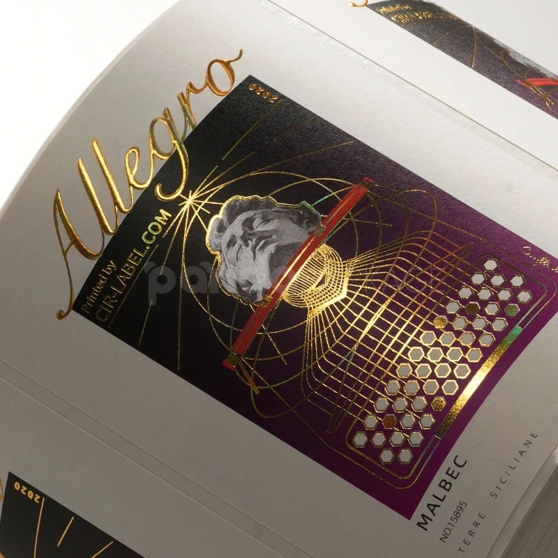 Wine Label Sticker with Sculptural Gold Foil Design