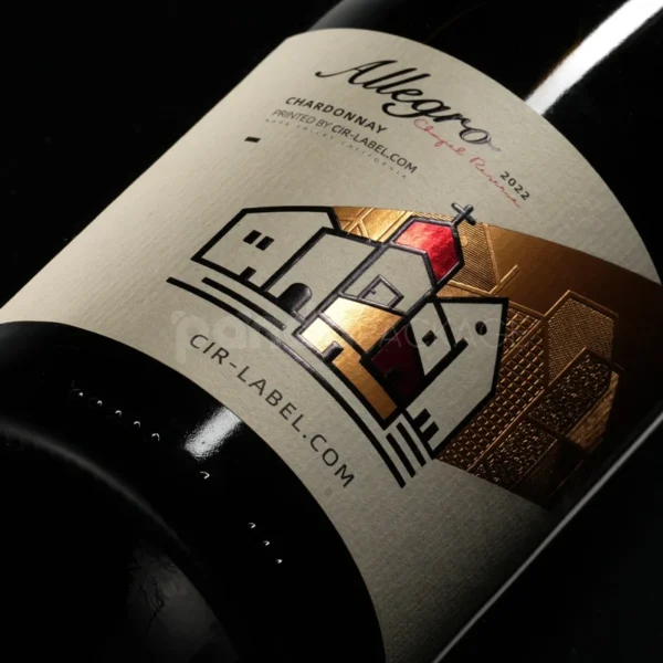 Modern Village Illustration Wine Label Sticker with Gold Foil Geometry