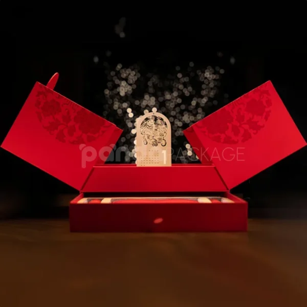 Luxurious Red Fold-Out Gift Box with Gold Accents and Cultural Motifs