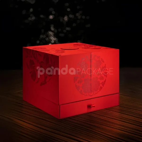 Luxurious Red Fold-Out Gift Box with Gold Accents and Cultural Motifs