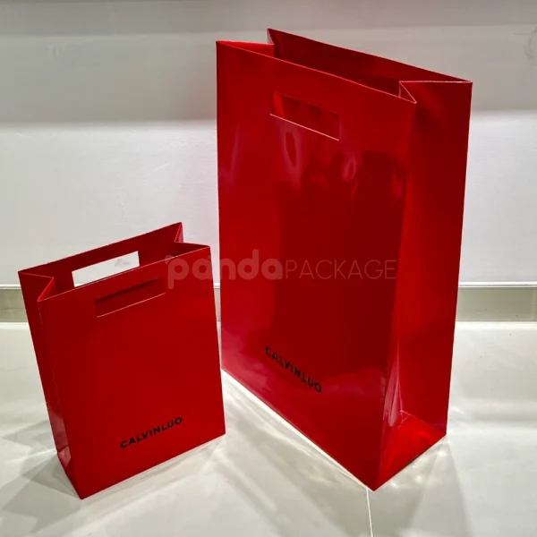 Luxury Glossy Red PVC Shopping Bag with Cutout Handle