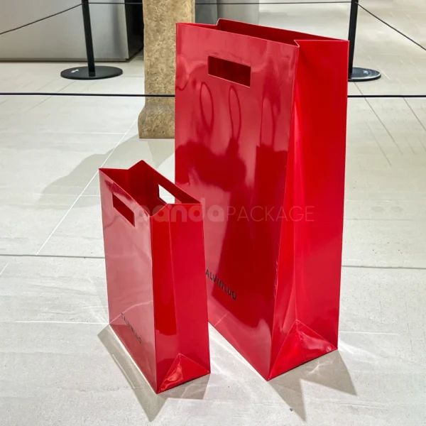 Luxury Glossy Red PVC Shopping Bag with Cutout Handle