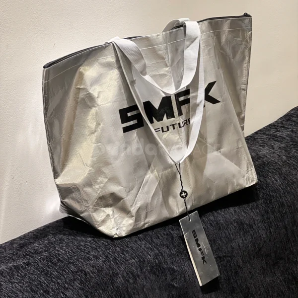 Metallic Silver Laminated Fashion Shopping Bag with Bold Logo Print