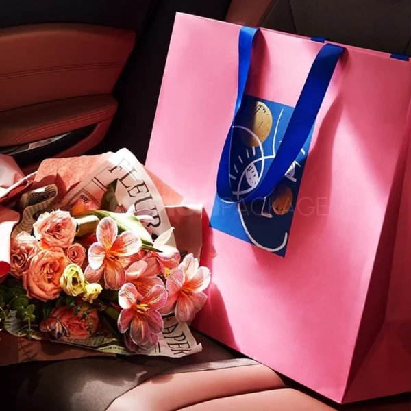 Pink Gift Tote Bag with Blue Ribbon Handles
