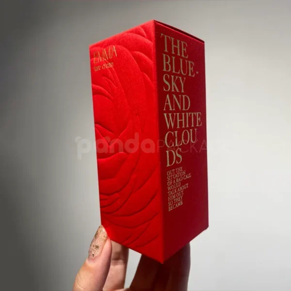 Red Embossed Paper Box with Gold Foil Typography