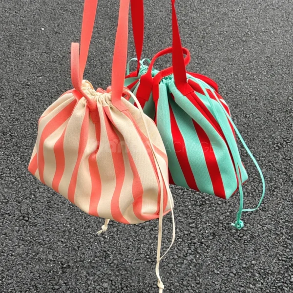 Striped Canvas Tote Bag with Drawstring Closure