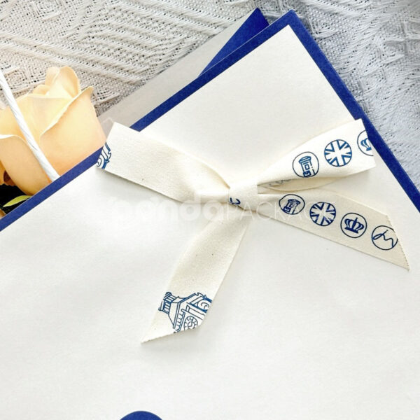 Elegant Ivory Gift Bag with Blue Accents and Ribbon Detail