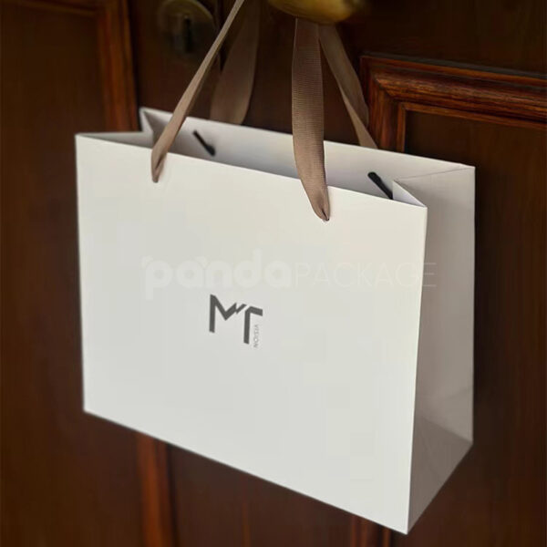 Minimalist White Gift Bag with Brown Ribbon Handles