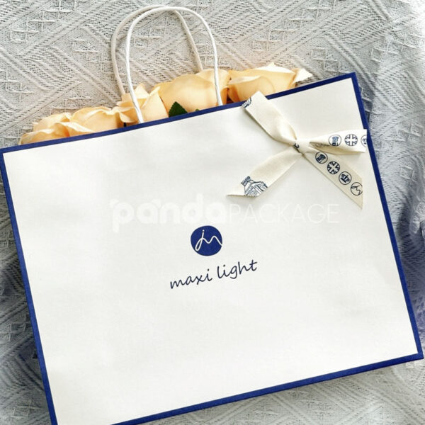 Elegant Ivory Gift Bag with Blue Accents and Ribbon Detail
