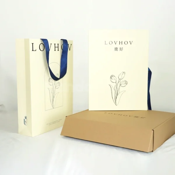 Elegant White Paper Gift Bag with Navy Ribbon Handles