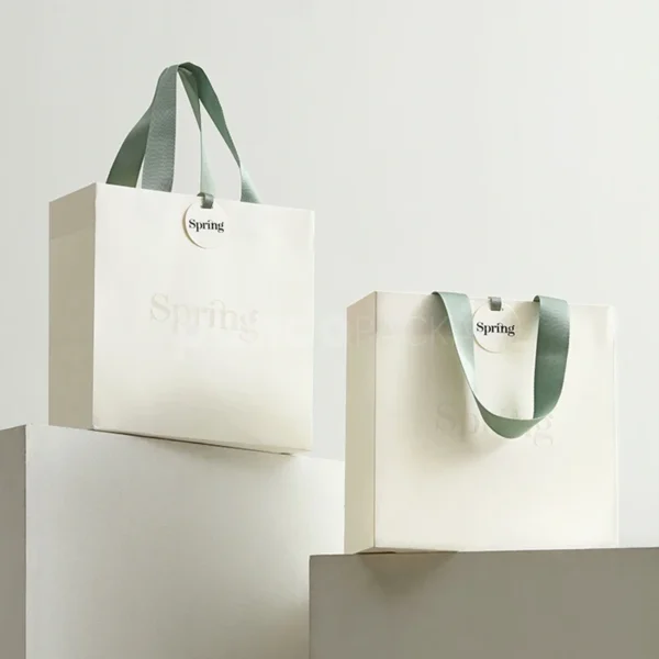 Embossed White Gift Bag with Sage Green Ribbon