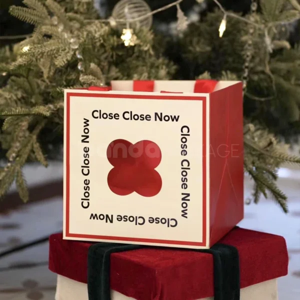 Holiday Gift Bag with Bold Red Accents and Playful Graphic Design
