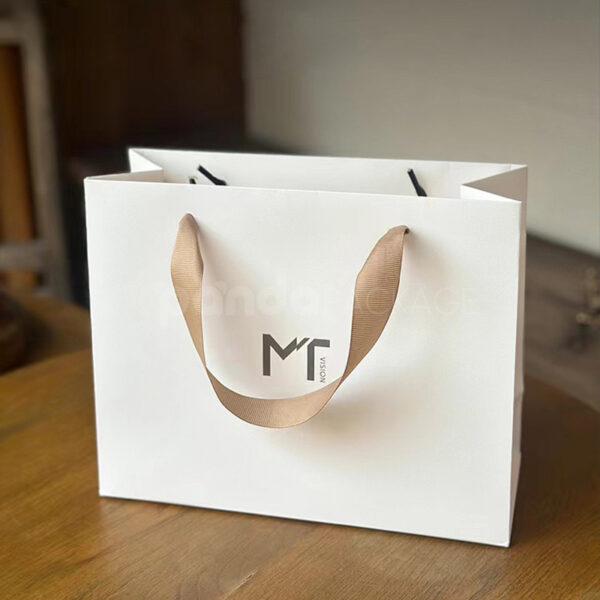 Minimalist White Gift Bag with Brown Ribbon Handles