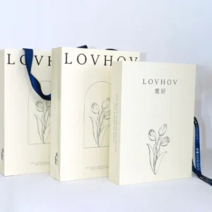 Elegant White Paper Gift Bag with Navy Ribbon Handles