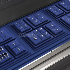 Navy blue stackable velvet display boards