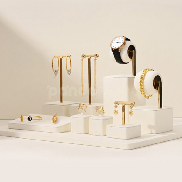 Modular Jewelry Display Platform with Gold Metal Fixtures