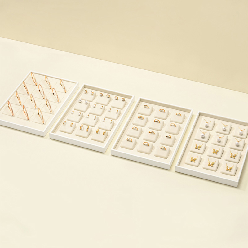 Elegant White Jewelry Display Tray Set with Rings and Necklaces